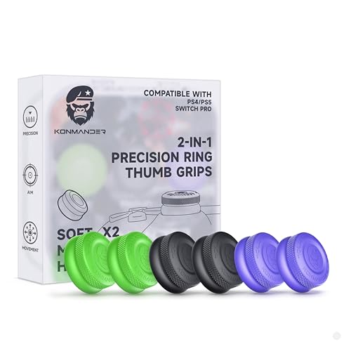 KONMANDER 2-in-1 Precision Rings Thumb Grips for PS4, PS5, Switch Pro Controller - Aim Assist Joystick Cap Analog Stick Cap for Enhanced Control, Anti-Slip Controller Accessories, 3 Pairs (6-Pack)