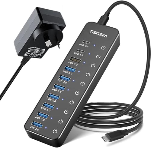 Powered USB Hub, TEKERA 10-Port USB 3.2/USB C Hub 60W with 10Gbps USB-A 3.2, 2 USB-C 3.2, 7 USB 3.0 Ports, Individual Touch Switches and 3.3ft Cable, Hybrid USB Splitter for Laptop/PC, RSH-ST10C