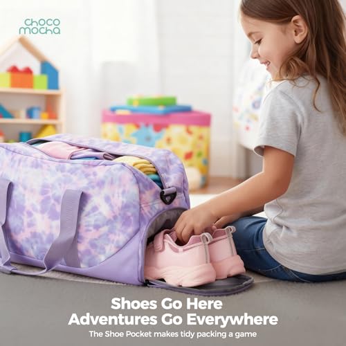 Image of Choco Mocha Kids Duffle Bag, Girls Overnight Travel Bags for Kid with Shoes Compartment, Large Weekender Bag for Sleepover, Tie Dye-Purple, Large, Duffle Only