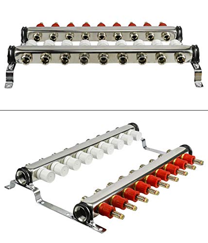 Image of Midline Valve NQT109 PEX Manifold 1 /2 in. for Radiant Heating System; with Valves, Vents, Gauges, and Mounting Brackets; Stainless Steel; 9 Port