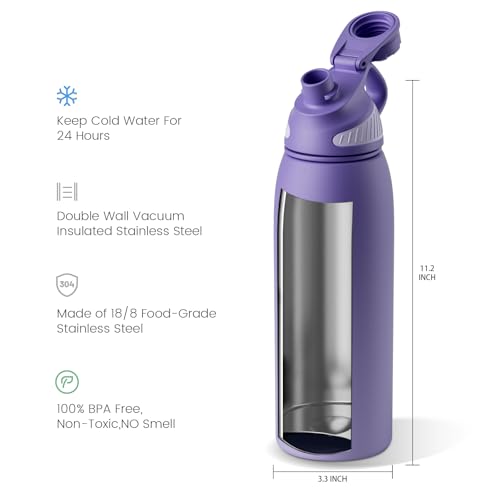 Image of Fjbottle 32oz Stainless Steel Insulated Water Bottle No Straw Spout Lid | Leakproof Keeps Cold 24H, Double Wall Vacuum Insulated, BPA Free, Easy to Clean Sports Water Bottle for Gym Hiking & Outdoor