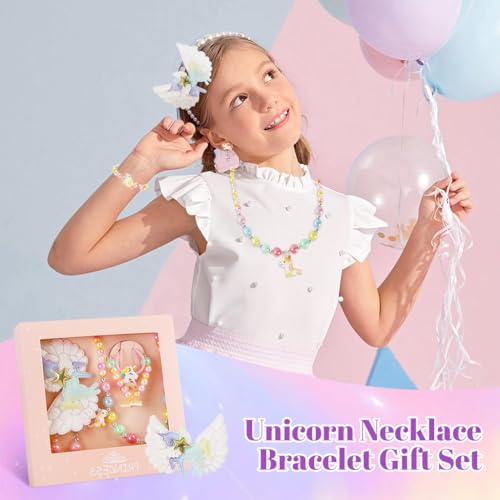 Image of SANNIDHI Unicorn Jewellery Set for Kids Pearl Bead 8 Pcs | Pretend Dress Up, Party Styling, Bracelet Necklace Earrings Ring, Coordinated Accessories, Creative Role Play