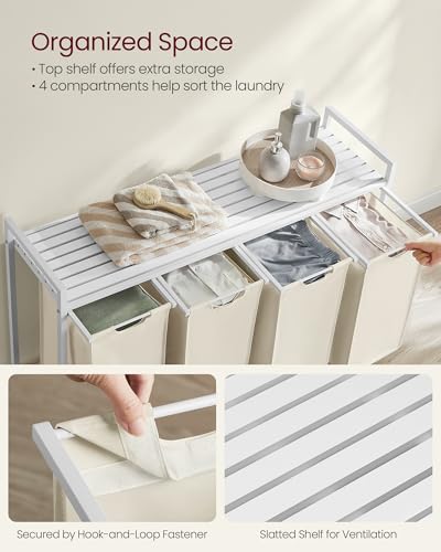 Image of VASAGLE Laundry Hamper, Laundry Basket, Laundry Sorter with 4 Pull-Out and Removable Bags, Shelf, Metal Frame, 4 x 10.6 Gallons (40 L), 45.7 x 13 x 28.4 Inches, Cream White and Cloud White UBLH401W01