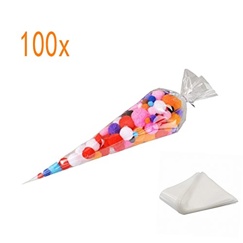 CHSYOO 100 x Bolsas de plástico transparente Bolsas de papel de fiesta de boda Favores de fiesta de cumpleaños Bolsa plana con cinta dorada para galletas Gomas de fruta de caramelo
