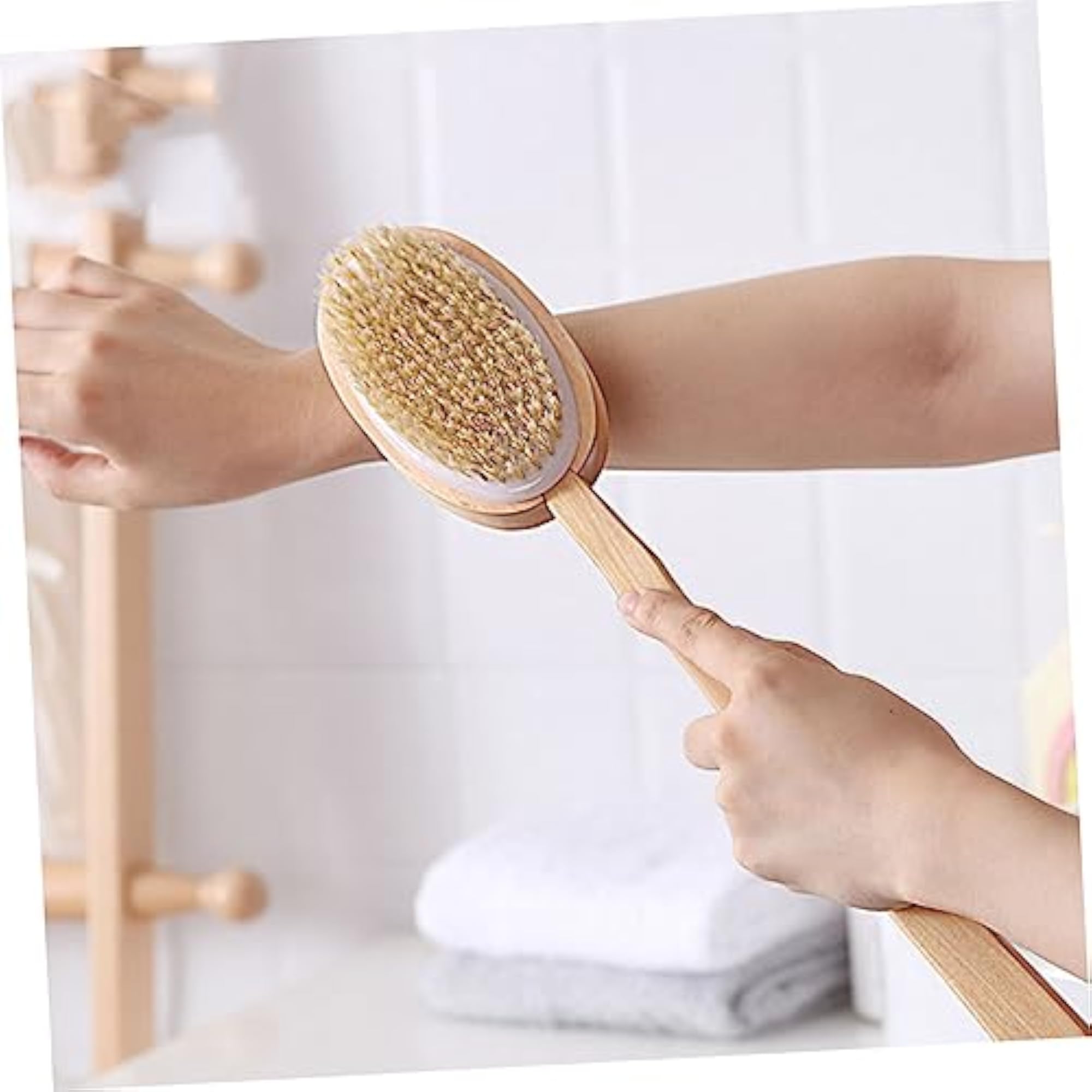 Dual-Sided Wooden Long Handle Bath Scrubbing Brush