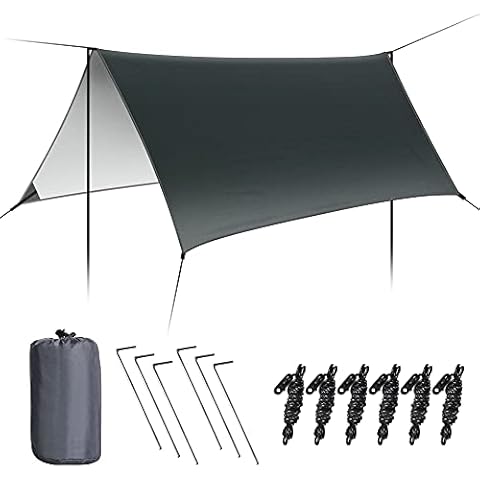 Hammock Rain Fly Tent Tarp,COSANSYS Multifunctional Waterproof Camping Shelter, 300cm x 300cm lightweight Windproof Snowproof Outdoor Sunshade Fly for Hammock -Tent Stakes and Ropes (Gray) Cover