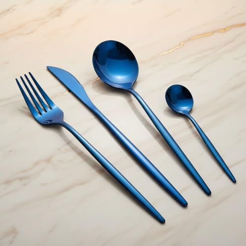 Image of 24 Pcs Blue Slim Handle Stainless Steel Cutlery Set for Dining Table with Spoons and Forks Set + Butterknives - The Perfect Tableware /Flatware