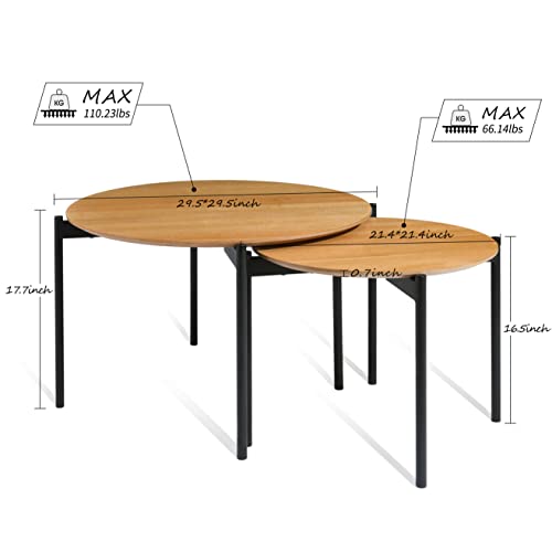 Round Coffee Table Set Of 2，Nesting Side End Tables, Modern Tables For Living Room,Wood Tabletop And Sturdy Metal Frame,Natural Wood Color/Black (Natural) #TOP1