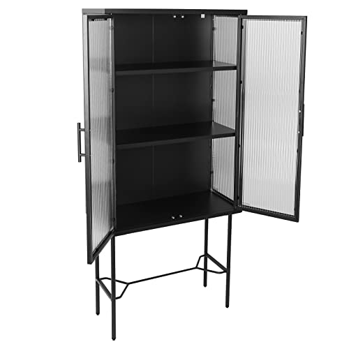 Elegant Storage Cabinet Cold-Rolled Steel Floor Storage Cabinet Sideboard 2 Tempered Glass Doors Buffet Cabinet Locker With Adjustable Shelf Metal Legs For Entryway Living Room Bedroom (Black) #TOP3