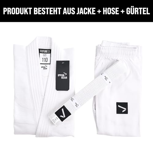 IPPONGEAR Future 2 Einsteiger & Kinder Judoanzug Kampfsport Anzug inkl Gürtel (Ausrüster der deutschen Nationalmannschaft, Gummizug & Schnürbund an der Hose, 335gr/m² Stoffdichte) weiß