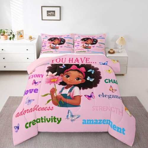Image of Erosebridal Black Girls Magical Bedding Set Butterflies Inspirational Quotes King Comforter Set African American Comforter Afro Black Princess Girl Duvet Insert for Nursery Kids Pink Room Decor