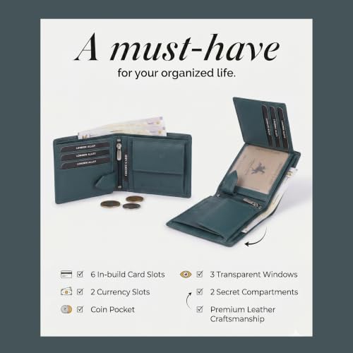 Image of LONDON ALLEY Slavia Green Leather Wallet for Men, 6 Card Slot | RFID Protected