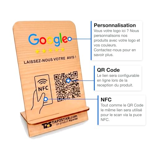 Alpanet Stand en Bois, NFC & QR Présentoir écran Panneau chevalet pour Google (Bambou) Tap2Star.COM (14,8x9cm, Google FR) – vue 2