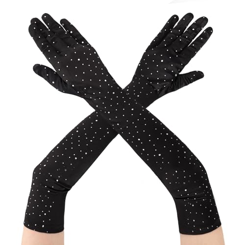 GERINLY Glitter Long Black Gloves Women Formal Sparkle 1920s Satin Glove for Wedding Opera Dressy Costume Accessories (Black Medium)