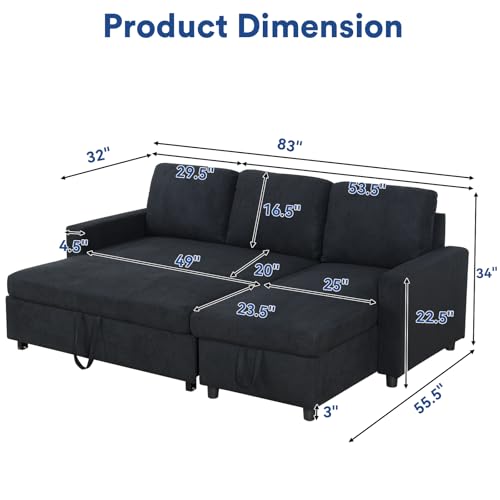 Image of Rovibek 83 inch Convertible Sofa Bed Couch with Storage - 4 in 1 L Shaped Sofa with Pull Out Couch Bed for Living Room, Apartment, Office, Small Spaces, Black