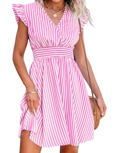 CUPSHE Women's Mini Dress Striped V Neck Flutter Sleeve Smocked Waist A Line Casual Summer Dresses Pink Striped M