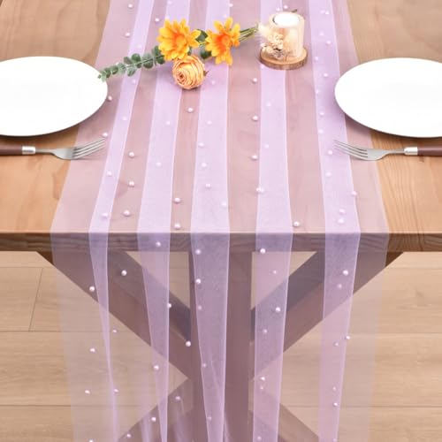 Dlpafzy Lilac Pearl Table Runner Boho Rustic Tulle Lace Dining Baby Shower Wedding Arch Decor Veil Dessert Holiday Centerpiece Table Decor 3pcs by Dlpafzy - Used condition - Image 2