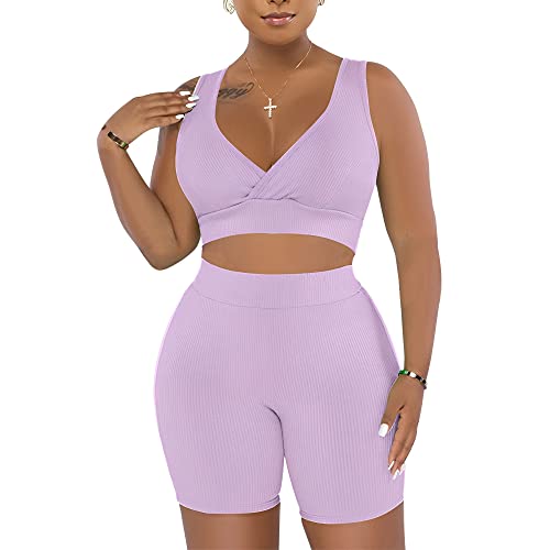 Fastkoala Women's Workout Sets 2 Piece Tracksuits Seamless V Neck Ribbed Sports Bra High Waist Gym Shorts Yoga Outfits M Purple #TOP17