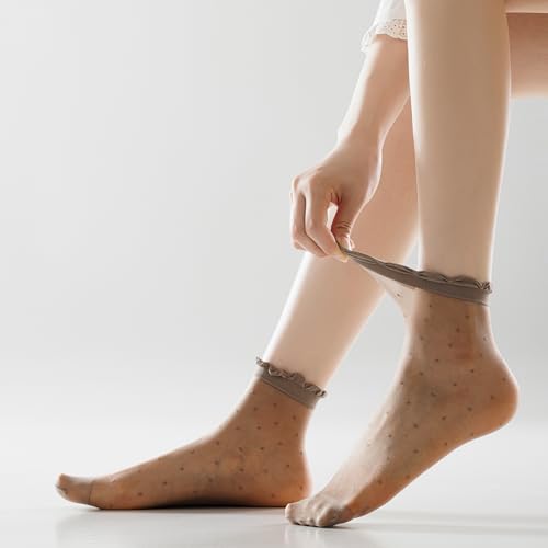 Mcool Mary 12 Pairs Women's Sheer Ruffled Socks Frilly Ankle High Nude Nylon Stocking Ultra Thin Cool Silk Socks for Women4