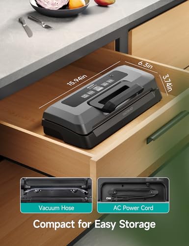 HiCOZY Vacuum Sealer for Food, Powerful Heat Food Sealer, Dry Moist 7-1 Multiple Automatic Modes, Easy-Lock Handle, Compact Design with 10 Vacuum Bags & 2 Bag Rolls, Bag Cutter Included, Space Gray