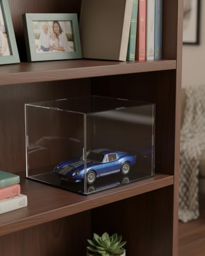Clear Acrylic Display Case,Self-assembly Display box with black acrylic base,Countertop Box Cube Organizer Stand Riser Dustproof Protection Showcase for action Figure toy Collectibles(9.4x7.9x7.9inch)