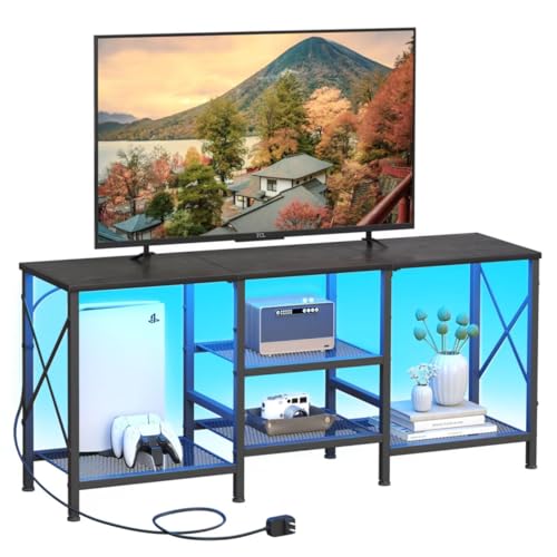 JARHETUN TV Stand with LED Lights for 55 Inch TV, Entertainment Center with 3-Tier Open Shelves, TV Console Table for Living Room, Bedroom, Black