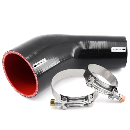 Image of High Performance 45 Degree ID 2 to 3 inch(51-76mm) Elbow Silicone Coupler Hose Reducer, 4-Ply Reinforced Wall Thickness 5mm Length 4 inch for Turbo /Intercooler /Intake Pipe with 2 T-Bolt Clamps