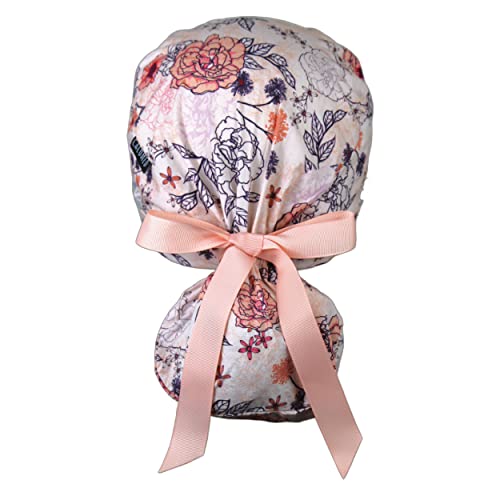 Image of Scrub Cap for Women and Men, Ponytail Scrub Caps, Working Hat, Head Cover with Ribbon Ties and Buttons, Long Hair