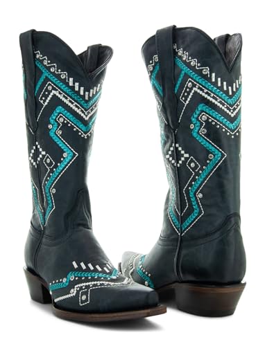 Soto Boots Women's Turquoise Embroidery Snip Toe Cowgirl Boots, Women's Embroidered Cowgirl Boots, Genuine Leather Handcrafted Fashion Cowboy Boots For Women M500632