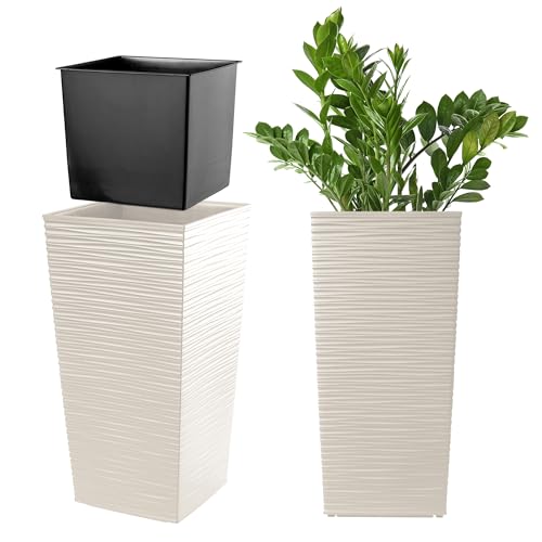 KADAX Pflanzkübel mit Innentopf, Höhe 36.5cm, Creme – Wetterfester Blumentopf für Innen & Außen, ideal für Garten, Balkon & Terrasse, zum Bepflanzen, Dekorieren und als stilvoller Übertopf