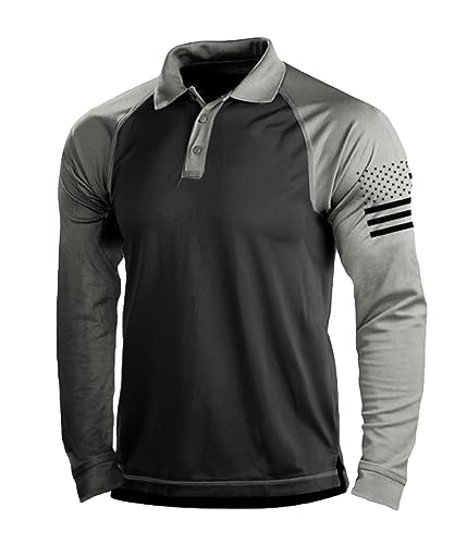 HARGLESMAN Men's Patriotic Polo Sports Long Sleeve T Shirt Tactical Performance US Flag Tops Autumn Fall Casual Tees for Yoga Bowling Golf Tennis Activewear Black and Grey L