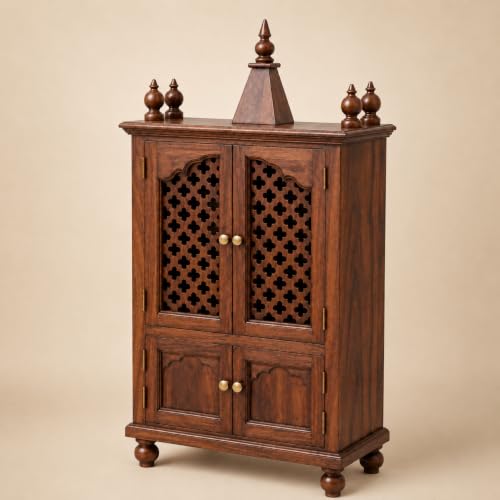 Image of Varsha Furniture Sheesham Wood Temple for Home with Doors and Storage Cabinet s | Home Puja Mandir