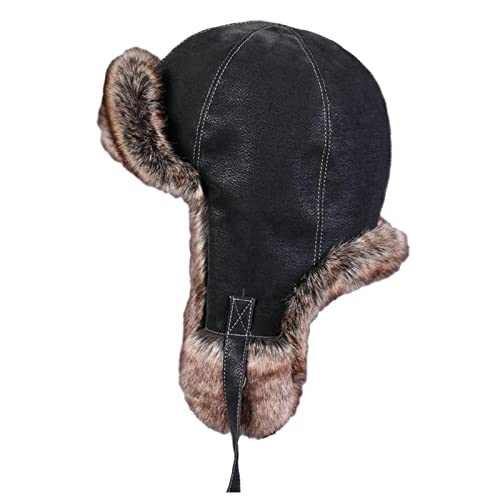 OLSKFUH Gorra De Aviador Unisex para Hombre Y Mujer, De Piel Sintética, Cálida, Estilo Ruso, para Esquí, Caza, Trampero, Bombardero, De Piel Sintética, Estilo Ushanka, con Orejer,Black-M