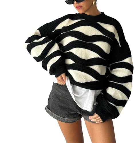 CHARTOU Women Fall Winter Color Block Stripes Sweater Oversized Long Sleeve Cropped Knit Pullover Sweatshirt Outfits