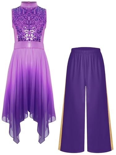 RUNQHUI - Vestido de baile limírico para niña y niño, traje de danza, alabanza con lentejuelas brillantes, morado, 13-14 Años