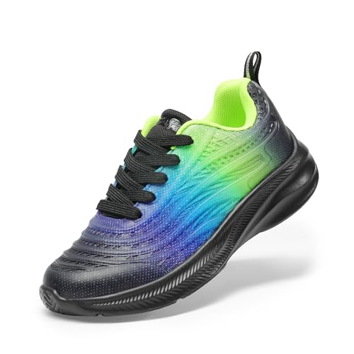 DREAM PAIRS Girls Boys Shoes Kids Lace up Tennis Sparkle Glitter Athletic Running Sneakers 12 Little Kid Black/Navy/Neon Green