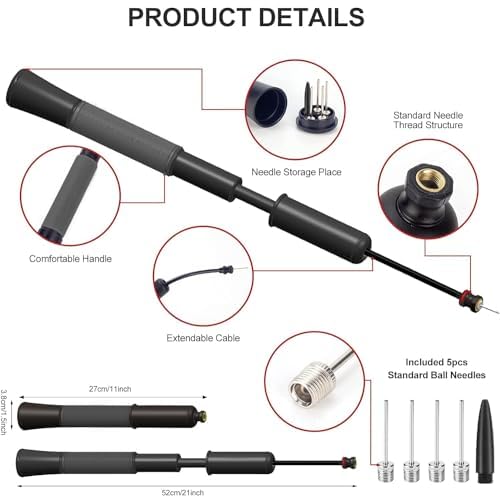 Ball Pump with Needle Storage(Never Lose Pin) Football Pump with 5 Needles and Extendable Cable, Soccer Football Pumps - Image 3