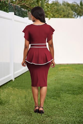 Image of Women's Vintage Bodycon Church Ruffle Sleeve Ruched Dresses Work Midi Pencil Dress