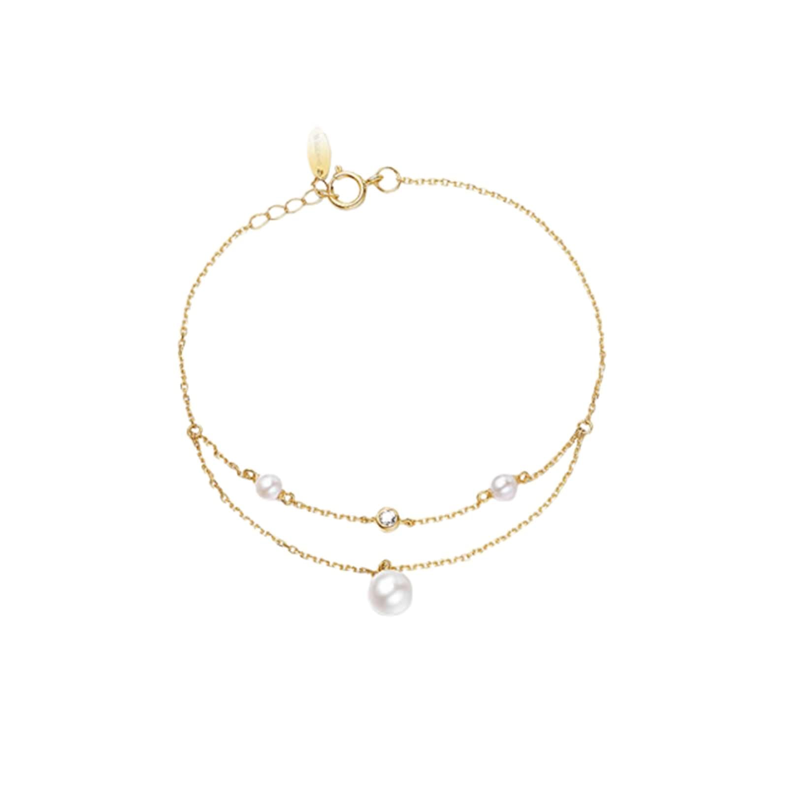 KnSam Bracciale da donna in oro giallo 9 K/14 K/18 carati, con perle, doppio strato 3-3,5 mm/5,5 – 6 mm, taglio rotondo, bianco, con moissanite 18/14/9 carati
