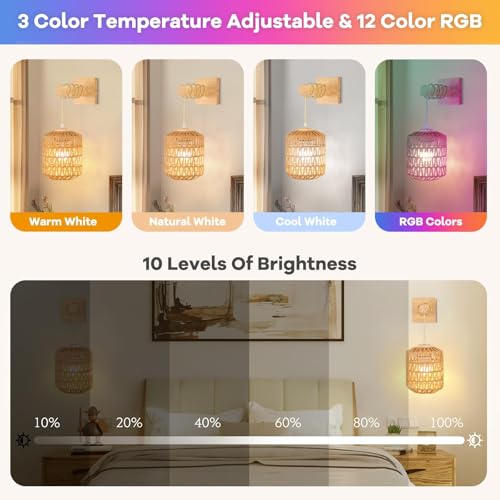 Image of Wood Wall Sconce Battery Operated Set of 2, Boho Rechargeable Rattan Wall Light with Remote Control, Farmhouse Dimmable Wireless Rustic Wall Lamp Indoor for Bedroom Living Room hallways Foyer