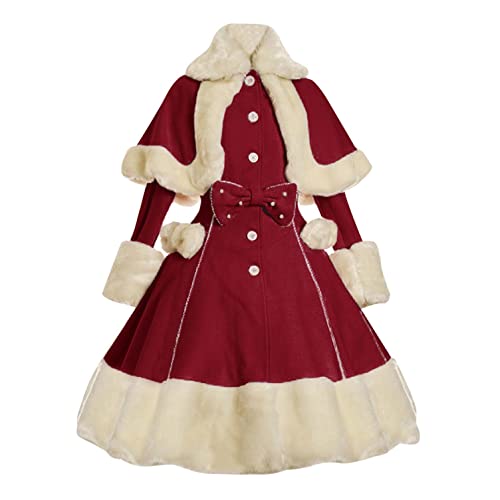 Women 1950s Gothic Princess Dress,Medieval Vintage Sweet Lolita Costume Overcoat Fuzzy Thick Cape Jackets Dress Red