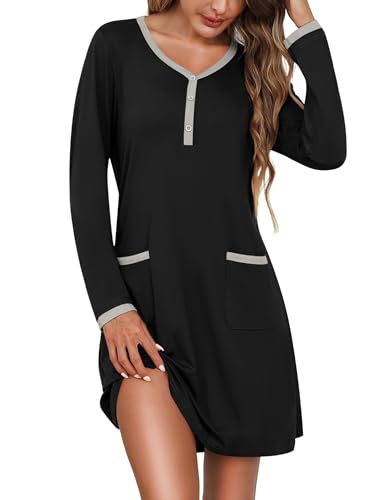 Litherday Camisón Mujer Algodón Manga Larga con Bolsillos y Botones – Camisón Largo Cómodo de Casa Invierno Ropa de Dormir Clásica Negro XXL