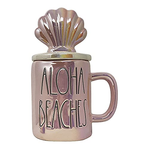 Rae Dunn Coffee Mugs with Decorative ceramic Lids (Aloha Beaches/Pink Iridescent)