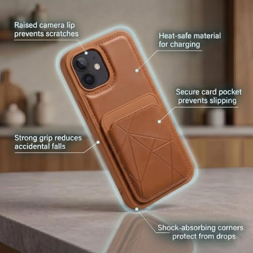 Image of amazon basics Premium Vegan Leather Back Cover with Card Holder and Integrated Mobile Stand for iPhone 11 - Slim Shockproof Wallet Case with Geometric Stitching [Tan]