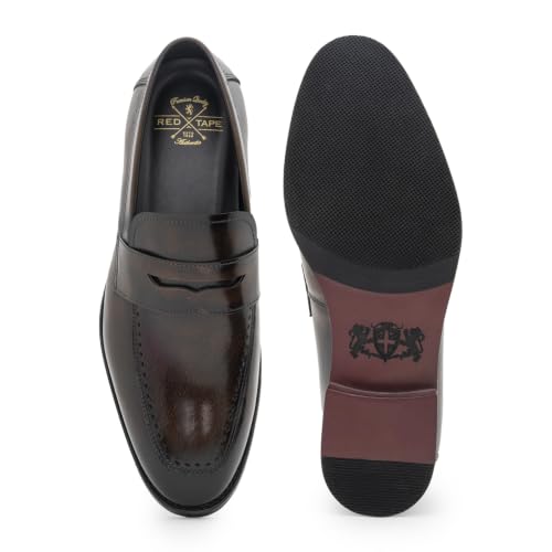 Image of Red Tape Men's Formal Shoes Teak Leather Round Toe Slipon Flexible Support