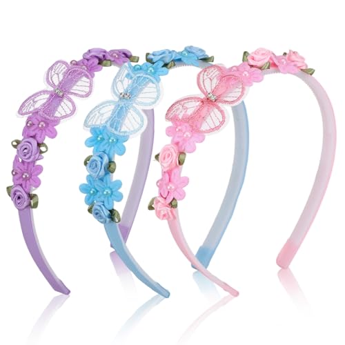 3er Set Blumen & Schmetterling Haarreifen für Mädchen Rutschfeste Elastische Haarbänder Bunte Stirnbänder mit Perlen & Strass Haarschmuck Mädchen Party Alltag Geburtstag