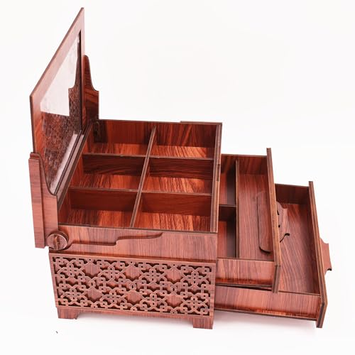 Image of Handmade Wooden Jewellery Organizer Storage Box | Wood Jewel Necklace Earrings Ring Multipurpose Organiser Box | Wedding Anniversary Pooja Gift (22x16x13 cm)