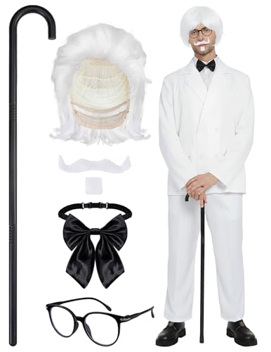 EchoElce 5 Pcs Fast Food Costume Accessories Include White Wig White Beard Glasses Walking Stick and Tie Set for Halloween Cosplay