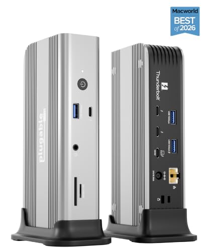 Plugable Thunderbolt 5 Docking Station for MacBook Pro and Windows, 140W Charging, Dual 6K@60Hz Mac, Dual 8K Windows, 80/120Gbps, 3X Thunderbolt 5 Ports, 2.5GbE, Driverless (TBT-UDT3)