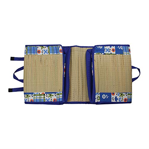 Image of Foldable Mat 6.5 X 6 Feet Korai River Grass chatai Blue Cotton Fabric with 20MM Soft Foam Comfort Cushion